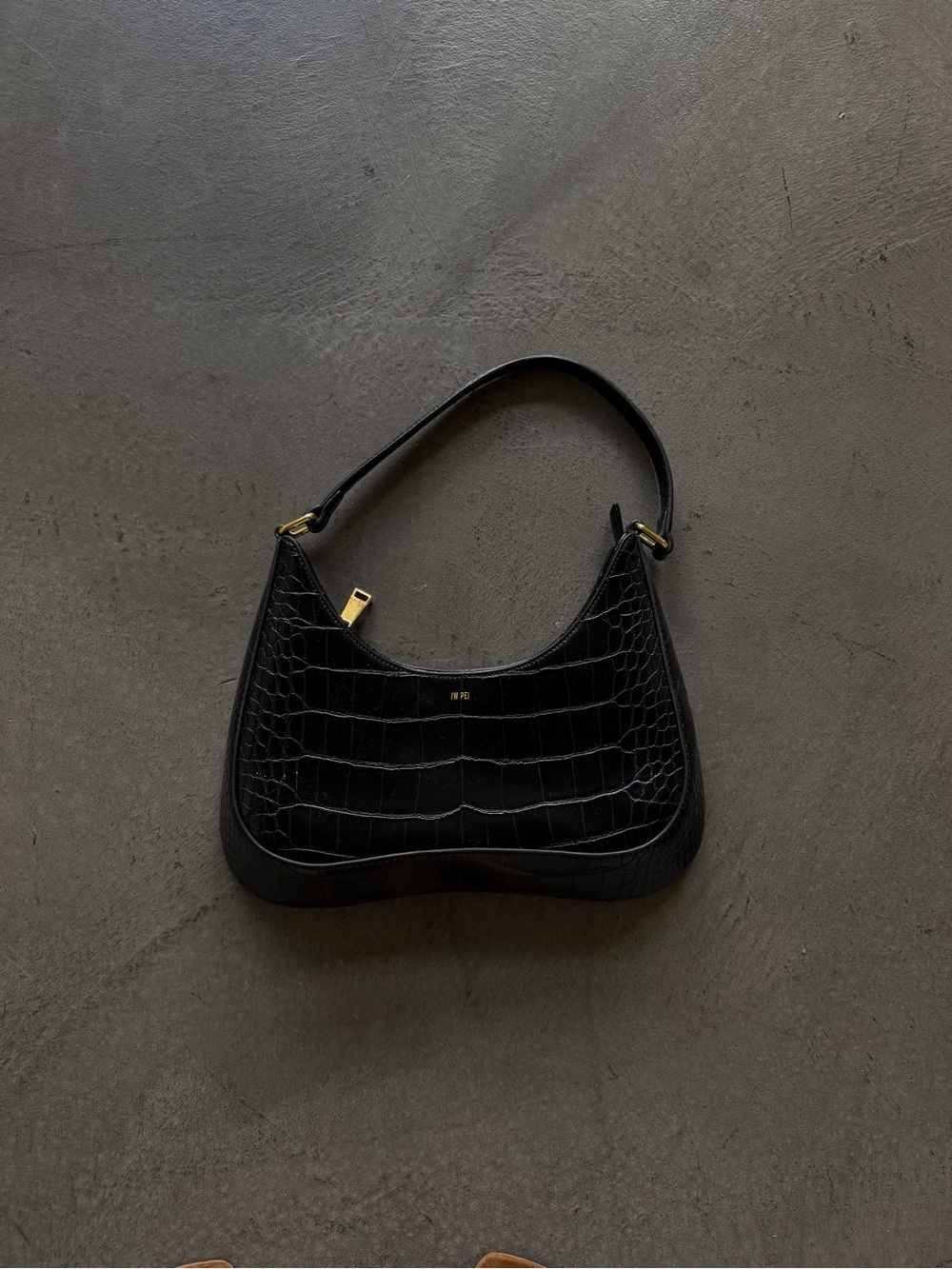 JW PEI Black Croc Shoulder Bag with Gold Hardware